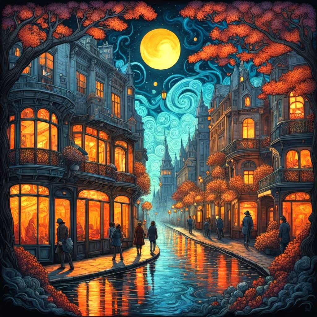 Magical City Street Scene in Art Nouveau Style