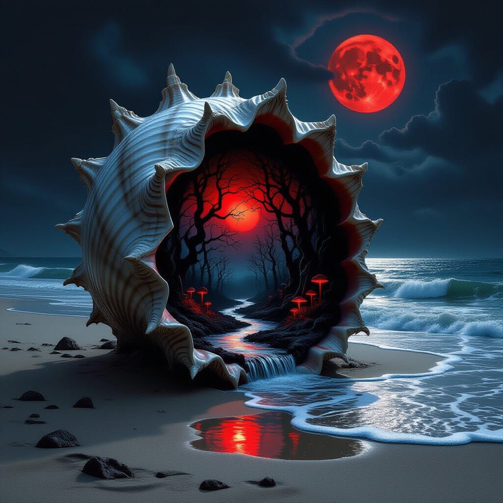 Gothic Seashell Reveals Twisted Forest Under Blood Moon