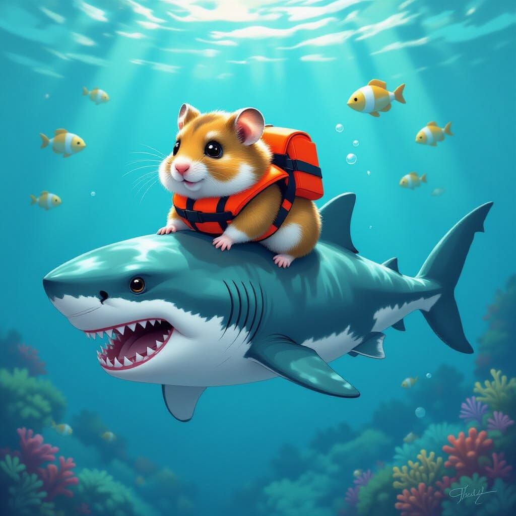 Hamster Rides Shark in Dreamlike Underwater Scene