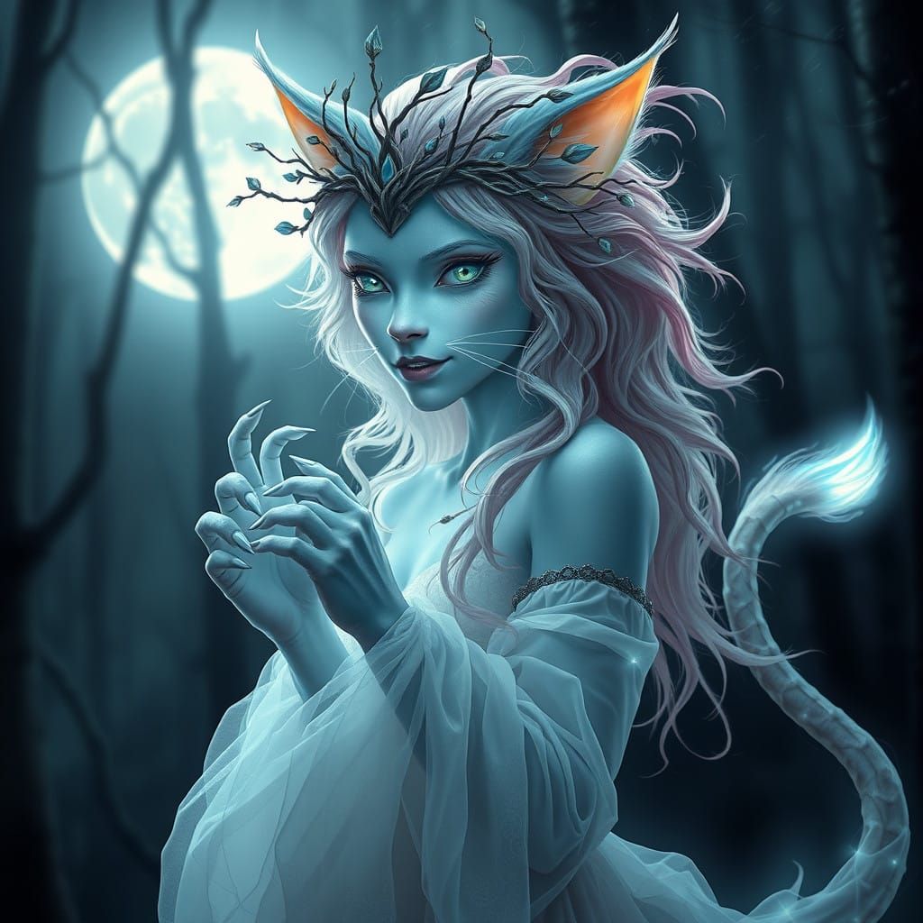 Moonlit Witch Goddess with Feline Features