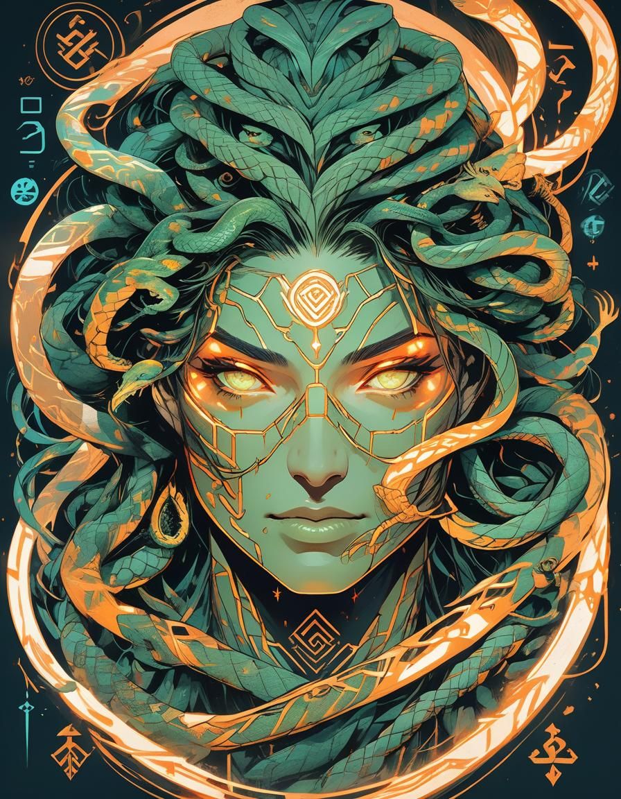 Medusa Portrait with Magic Glyphs in Anime Style