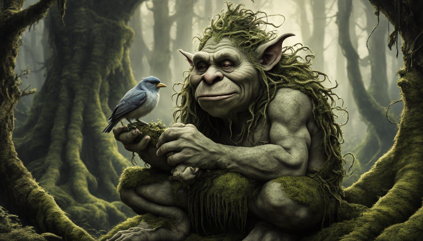 Moss Troll with Bird in Ancient Forest