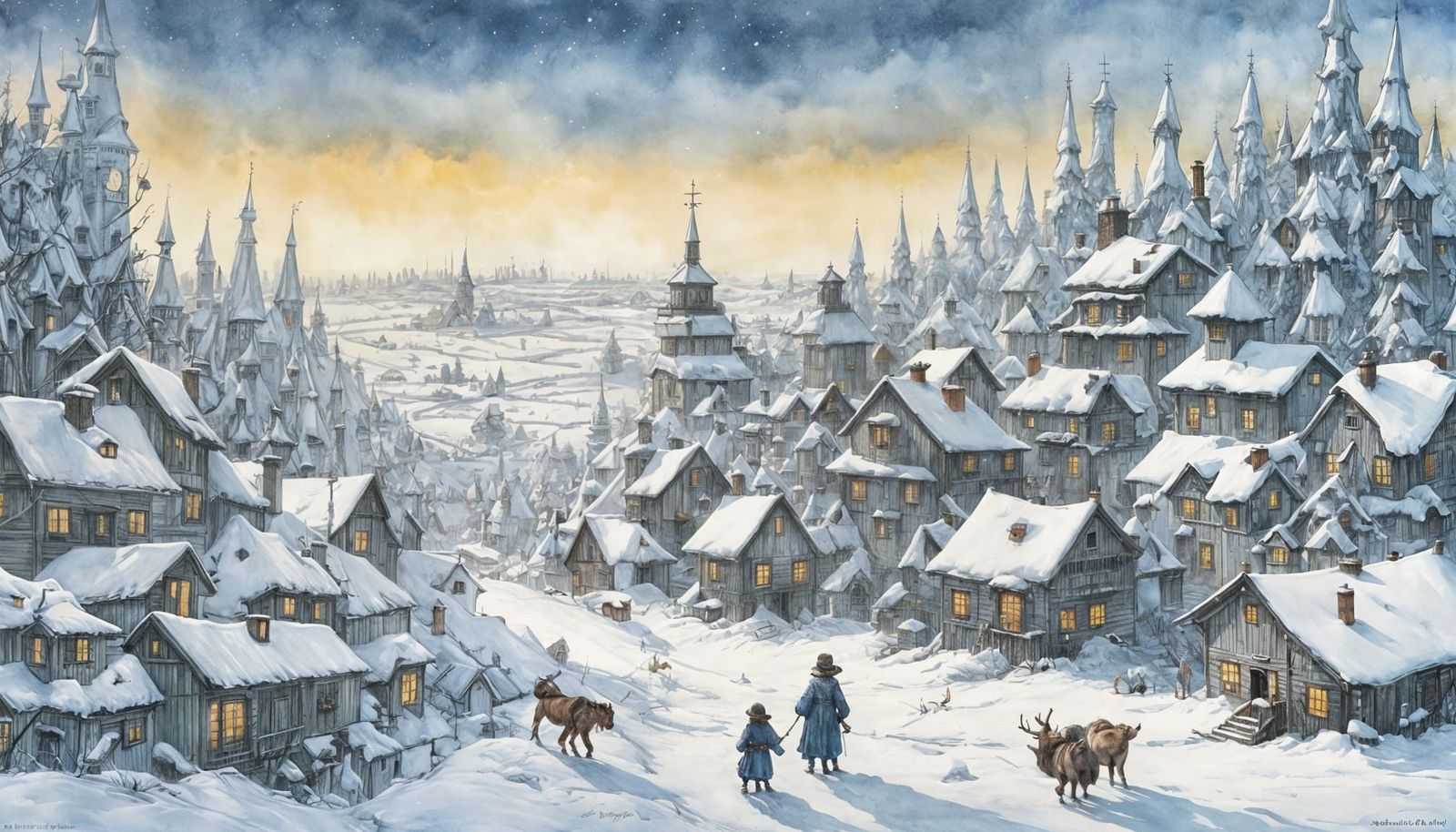 Winter's Surreal Watercolor Scene in Soft Pastels