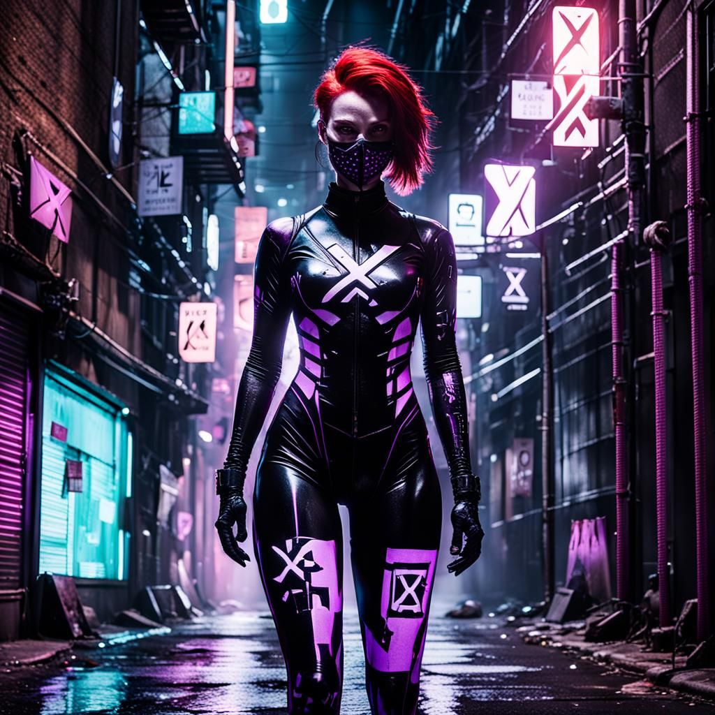 Cyberpunk Woman with Mask in Dimly Lit Alleyway
