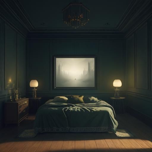 Surreal Bedroom with Distorted Walls and Floating Furniture