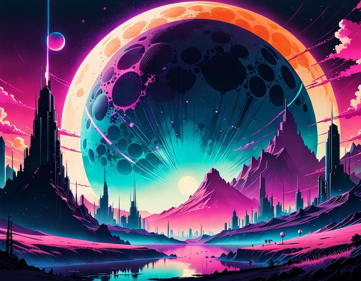 Ominous Neon Moon in Synthwave Ink Art