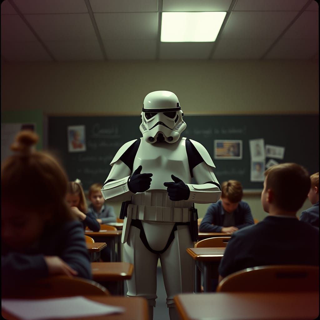 Cinematic Stormtrooper Teacher in Dimly Lit Classroom
