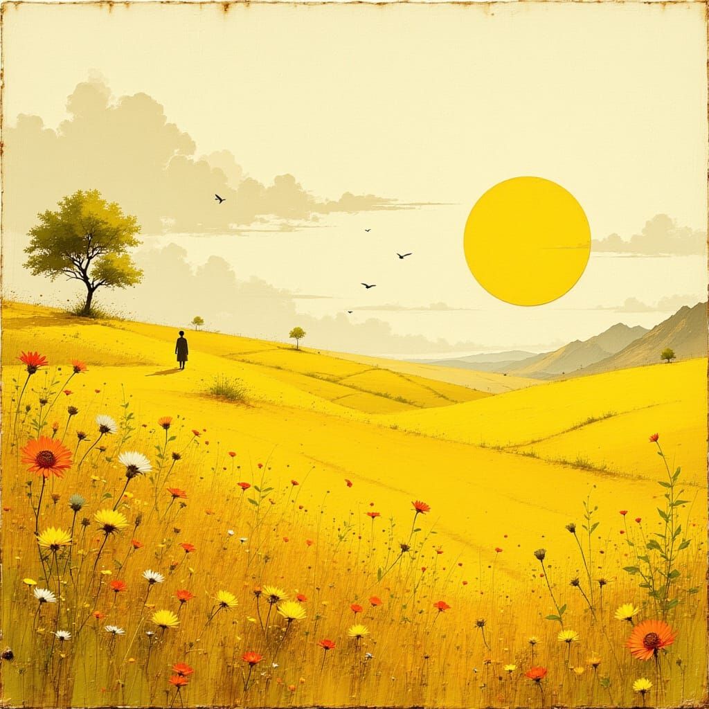 Embroidered Yellow Landscape with a Sunny Field