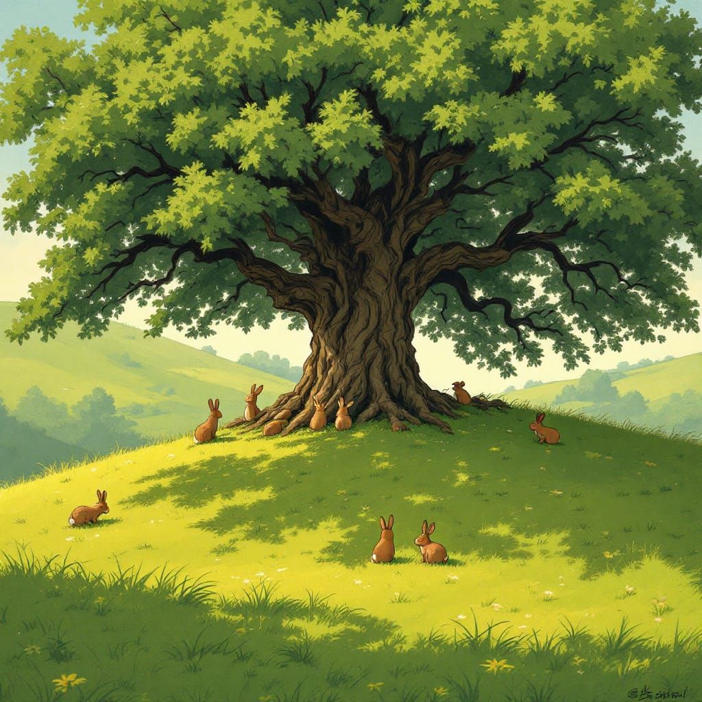Rabbits Grazing Under Ancient Oak Tree in Watership Down Sty...