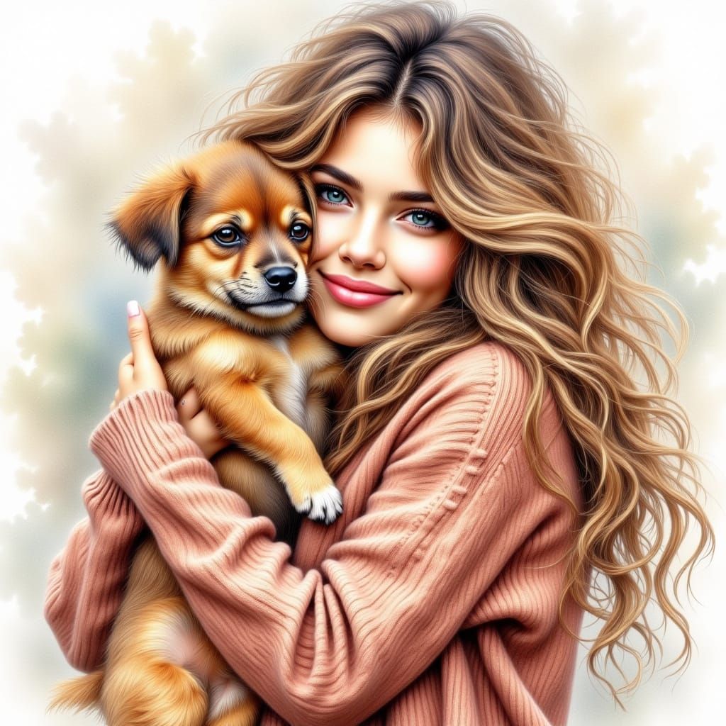 Girl Embracing Puppy in Watercolor Acrylic Style
