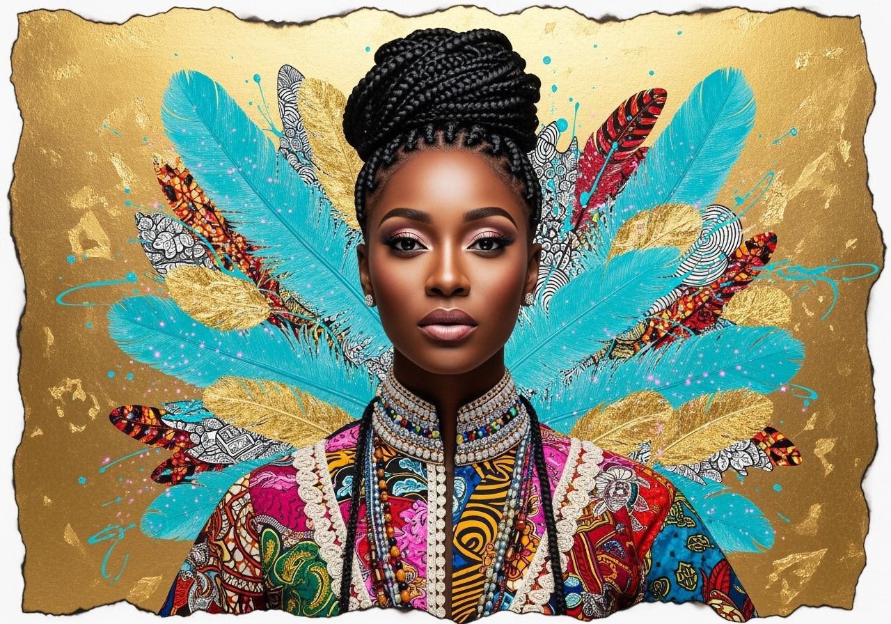 Elegant Black Woman Portrait with Gold Leaf and Turquoise