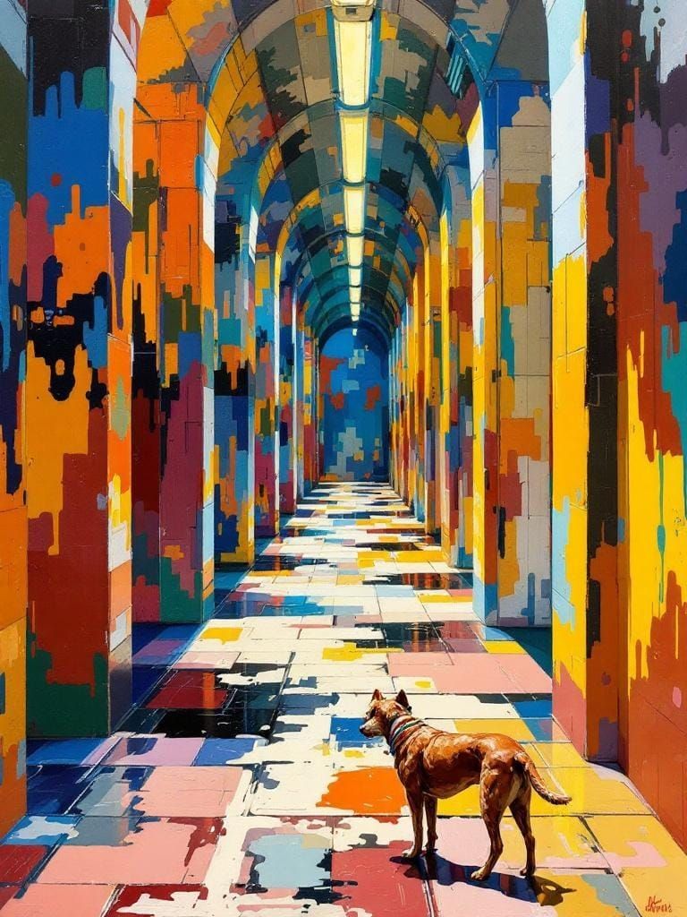 Dog in Sun: Impasto Painting with Geometric Rhythm