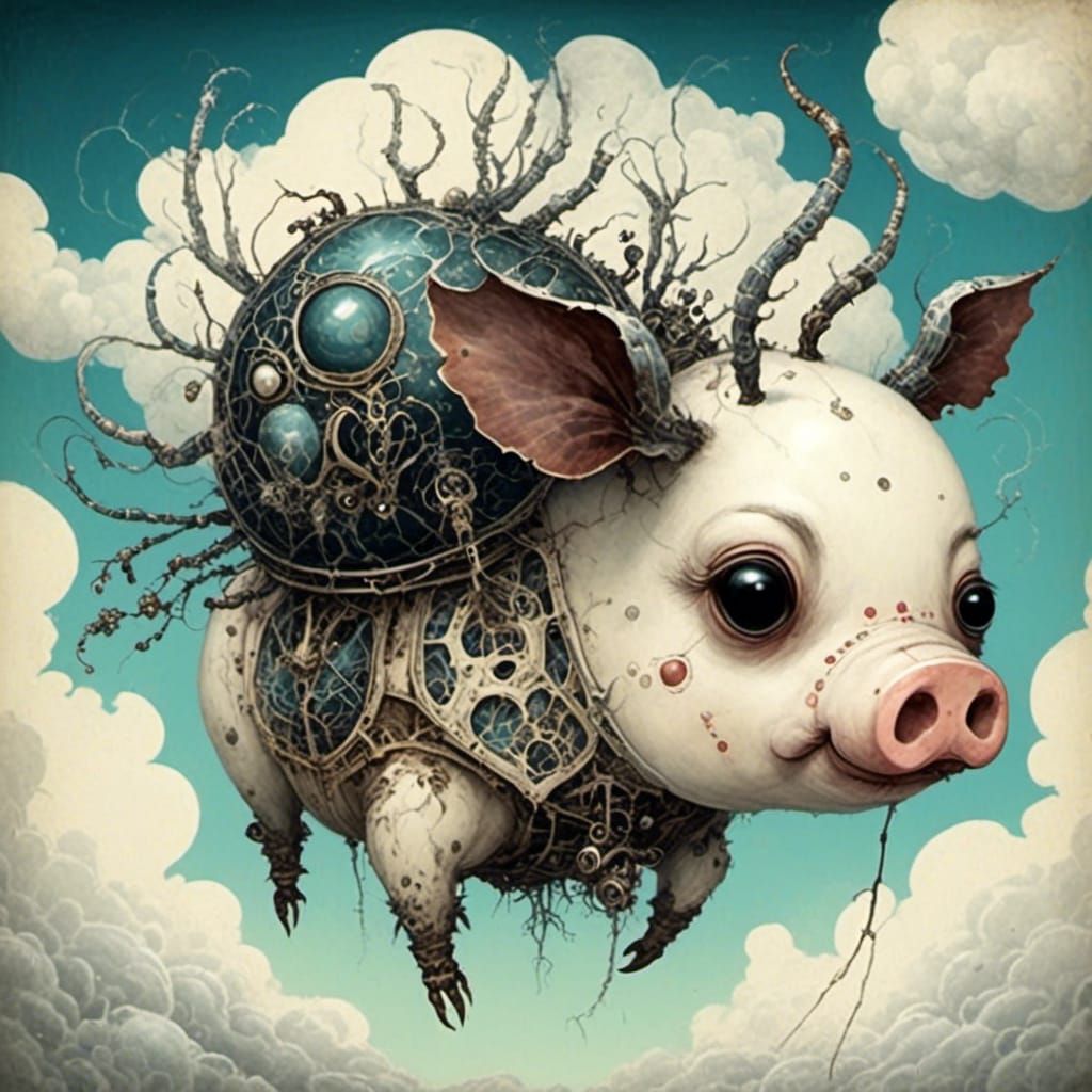Flying Robot Pig in Clouds: A Whimsical Fairytale