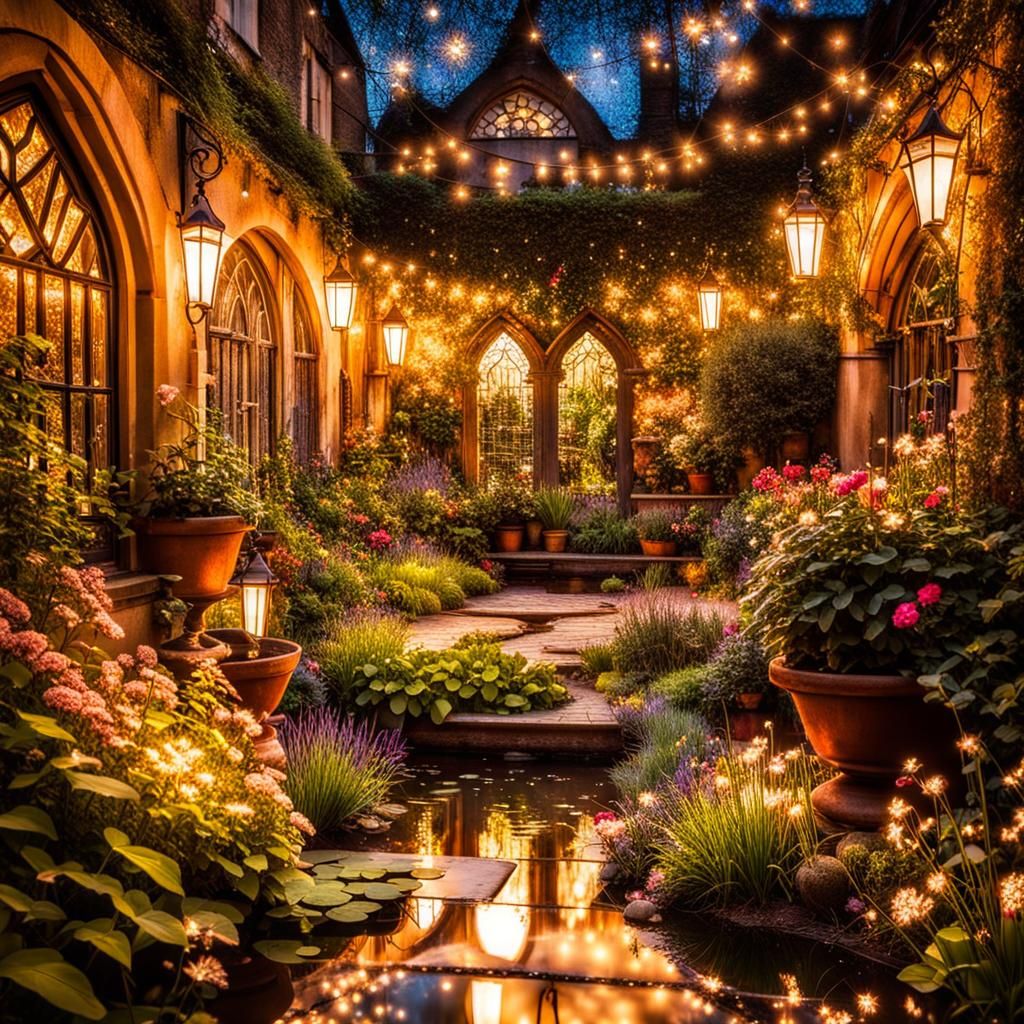Ethereal English Courtyard Garden at Night