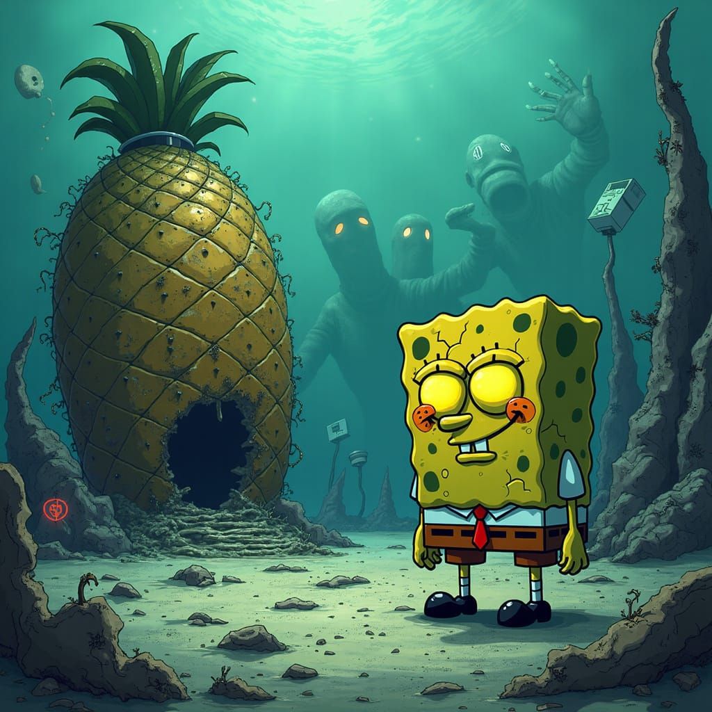 Underwater Scene of Abandoned Bikini Bottom in Dark, Atmosph...