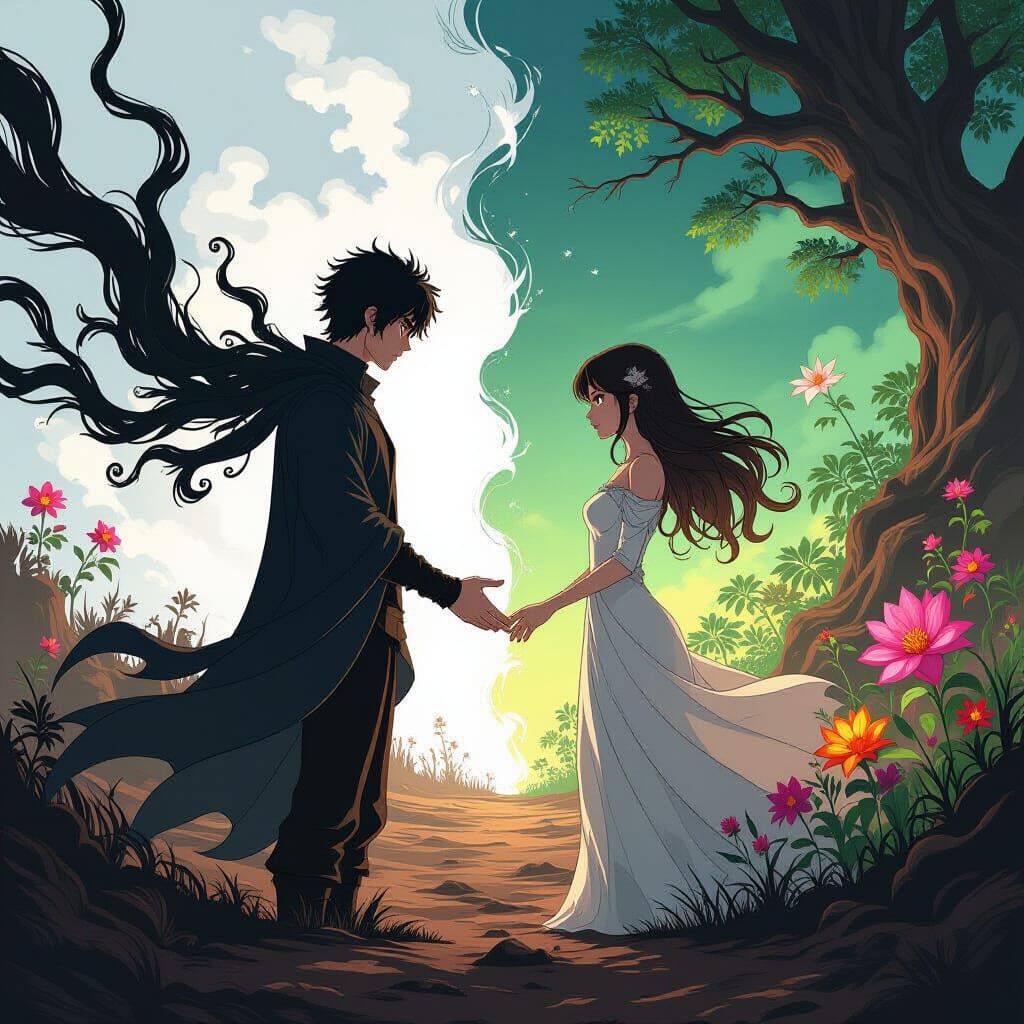 Life and Death Embrace: Anime Visual of Opposing Forces