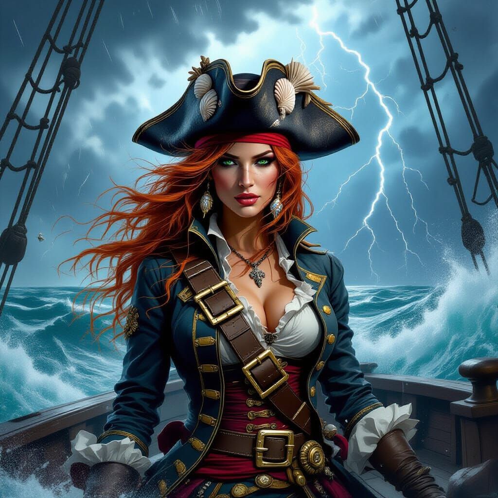 Pirate Woman on Stormy Ship Deck in Dramatic Fantasy Style
