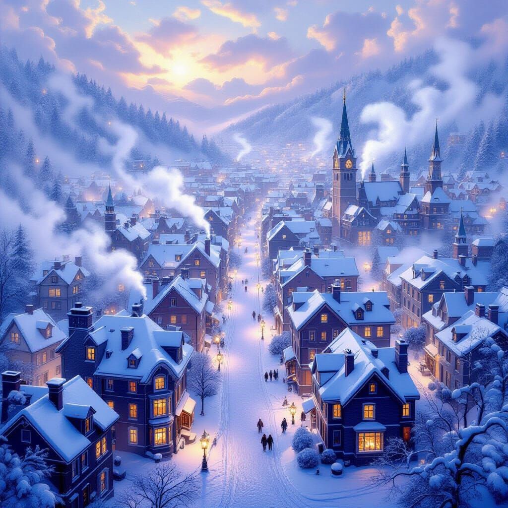 Snowy Cityscape: A Spiderweb of Streets in Ethereal Mist