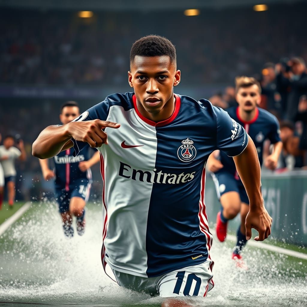 Mbappe Celebration in Split Jersey, Photorealistic Style