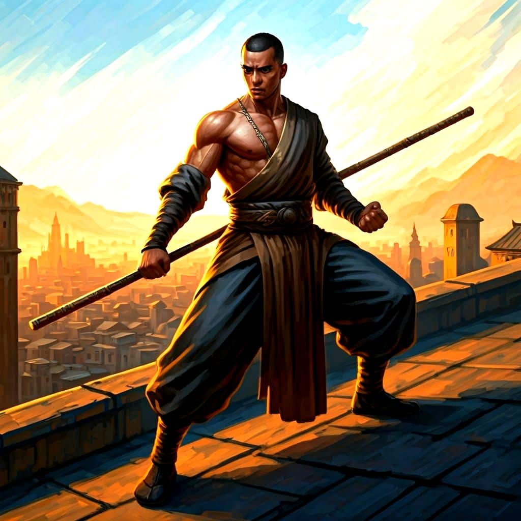 Warrior Monk Overlooking Fantasy City