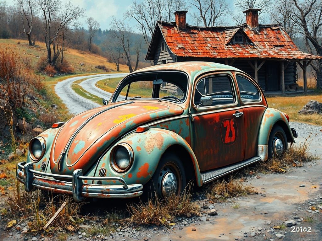 Wrecked Beetle: Abandoned Car in Surreal Oil Painting