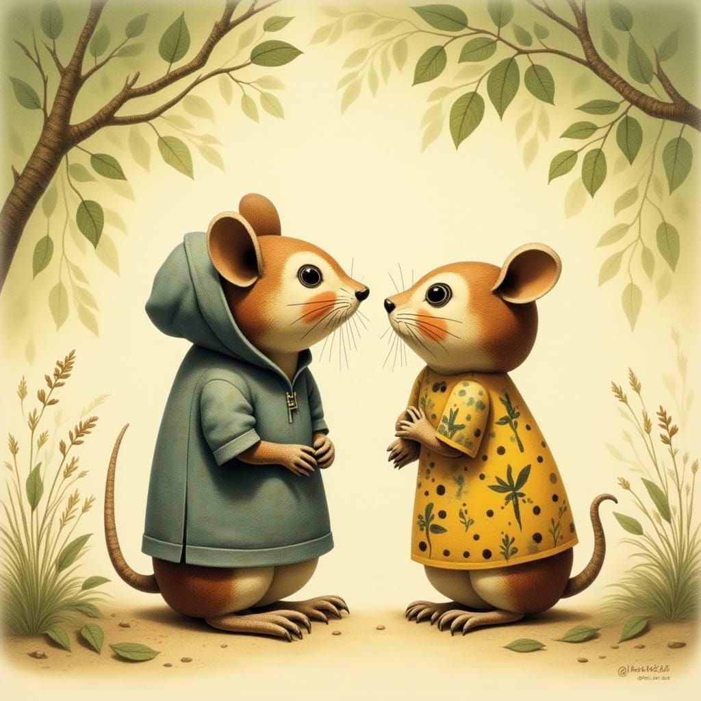 Mice Kiss Under Branches in Beatrix Potter Style