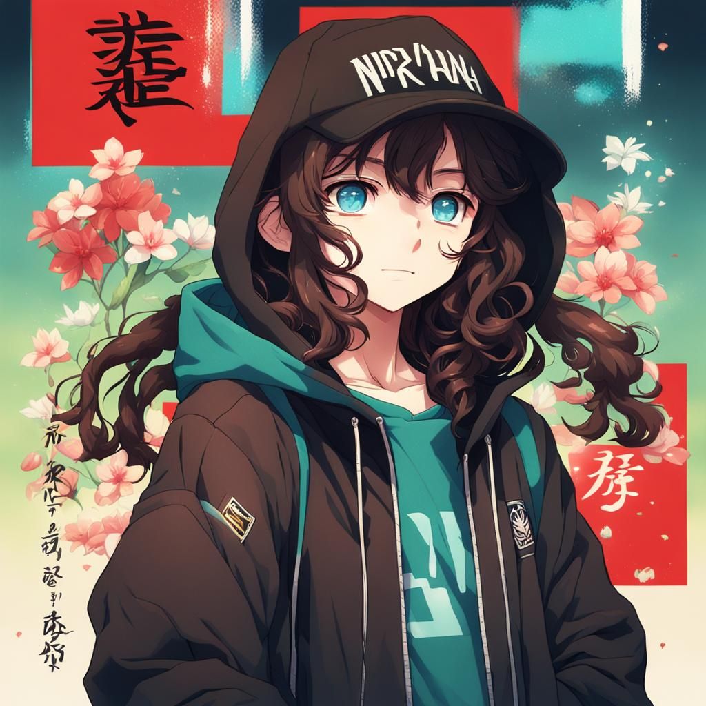 Anime Style Portrait of Girl in Nirvana Hoodie