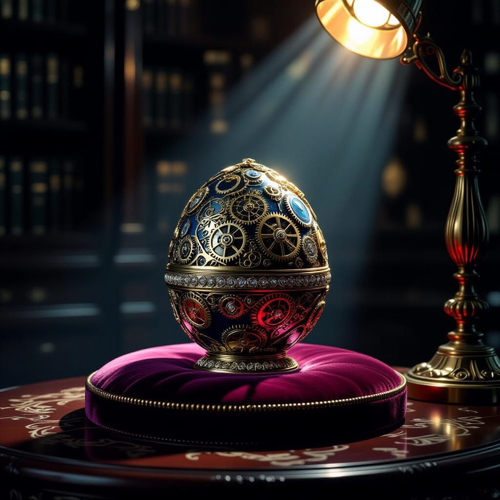 Steampunk Fabergé Egg on Velvet Cushion