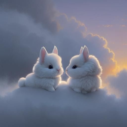 Fluffy Bunnies in Clouds: Ethereal Fantasy Art