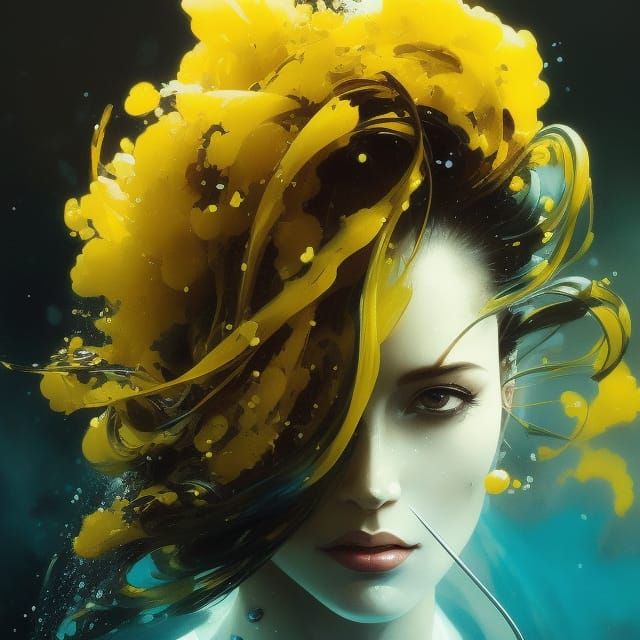 Edgy Yellow Underwater Ink Portrait in Splash Art Style