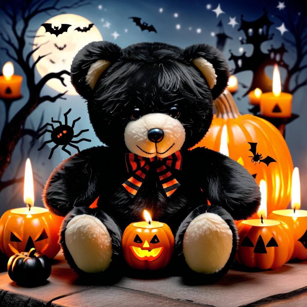 Halloween Scene with Candles, Spiders and Teddy Bears