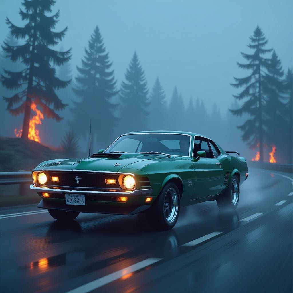 Demonic Fastback Car on Fog-Shrouded Road