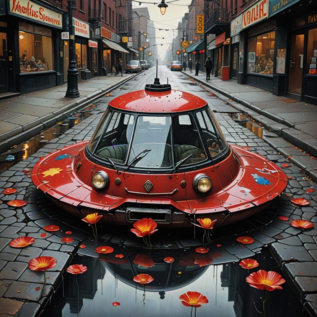 Flying Saucer Fish on Cracked Sidewalk in Red Urban Scene