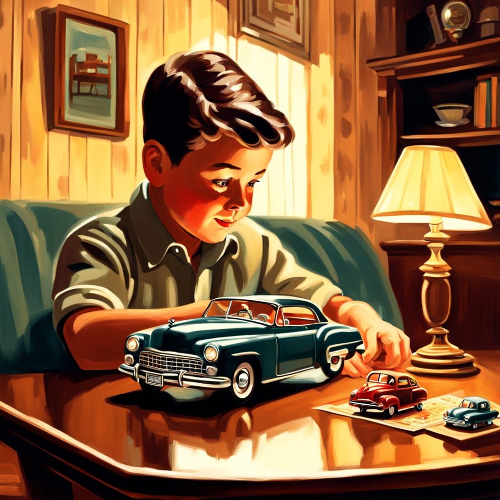 Boy Plays with Toy Car: Vintage Oil Painting