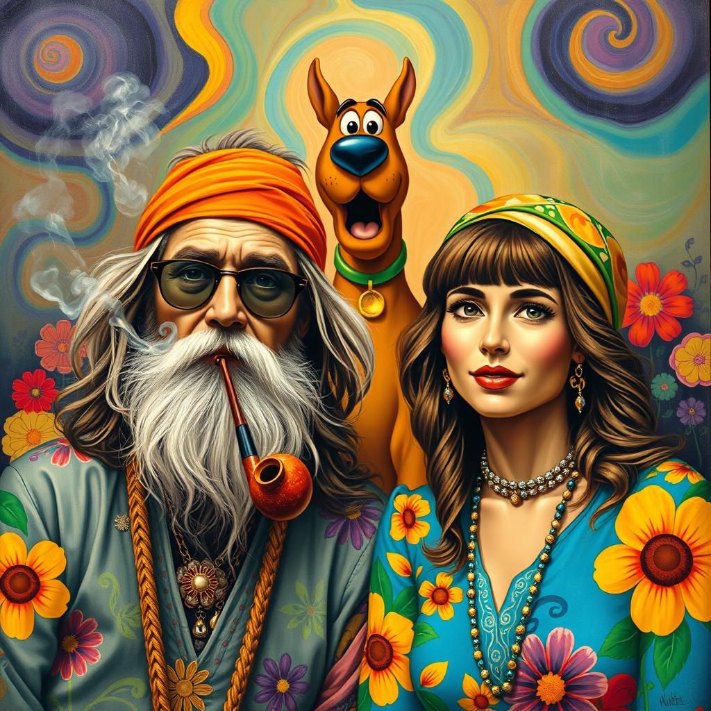 Two hippies smoking a pipe.