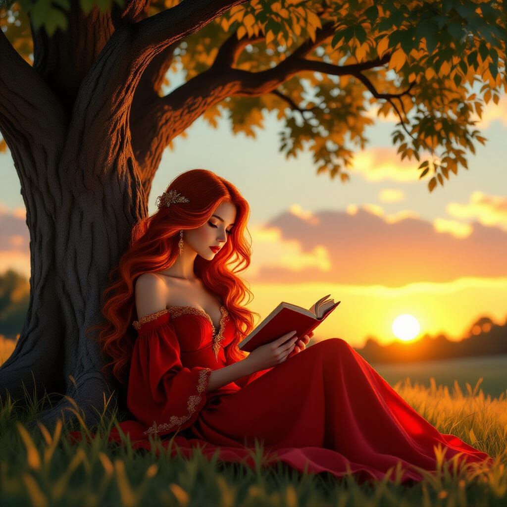 Girl with Red Hair Reading at Sunset: 3D Art