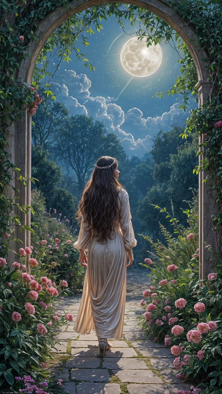 Ancient Roman Goddess in Moonlit Garden of Silk and Jasmine