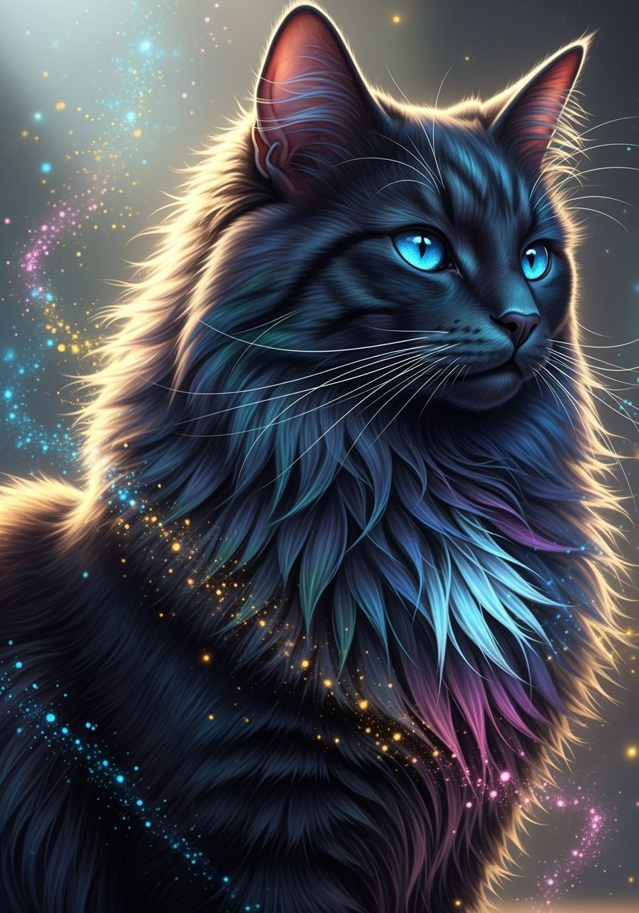 Iridescent Black Cat with Fairy Dust Aura