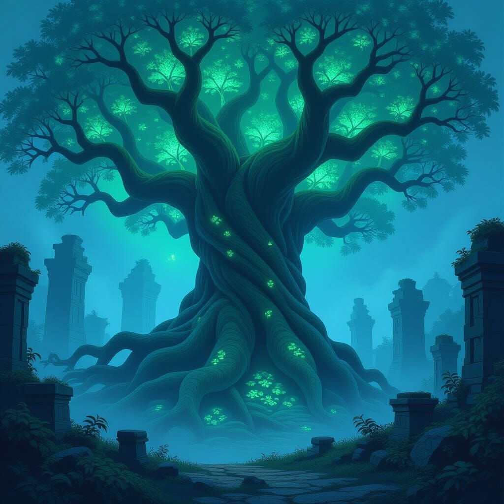 Ancient Bioluminescent Tree and Ruins in Ethereal Forest