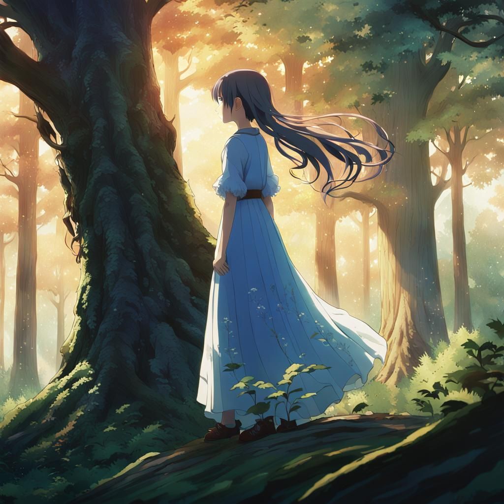 Anime Girl in Forest: Key Visual, Cinematic Still