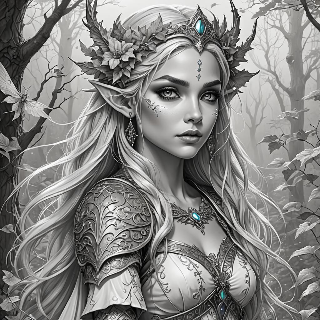 Coloring Book Style Elf Queen Line Art