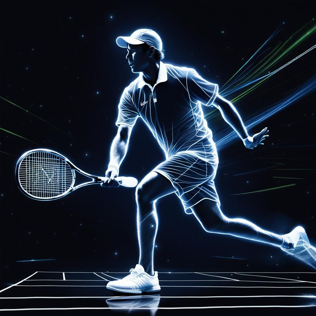 Luminescent Tennis Player with Glowing Racket