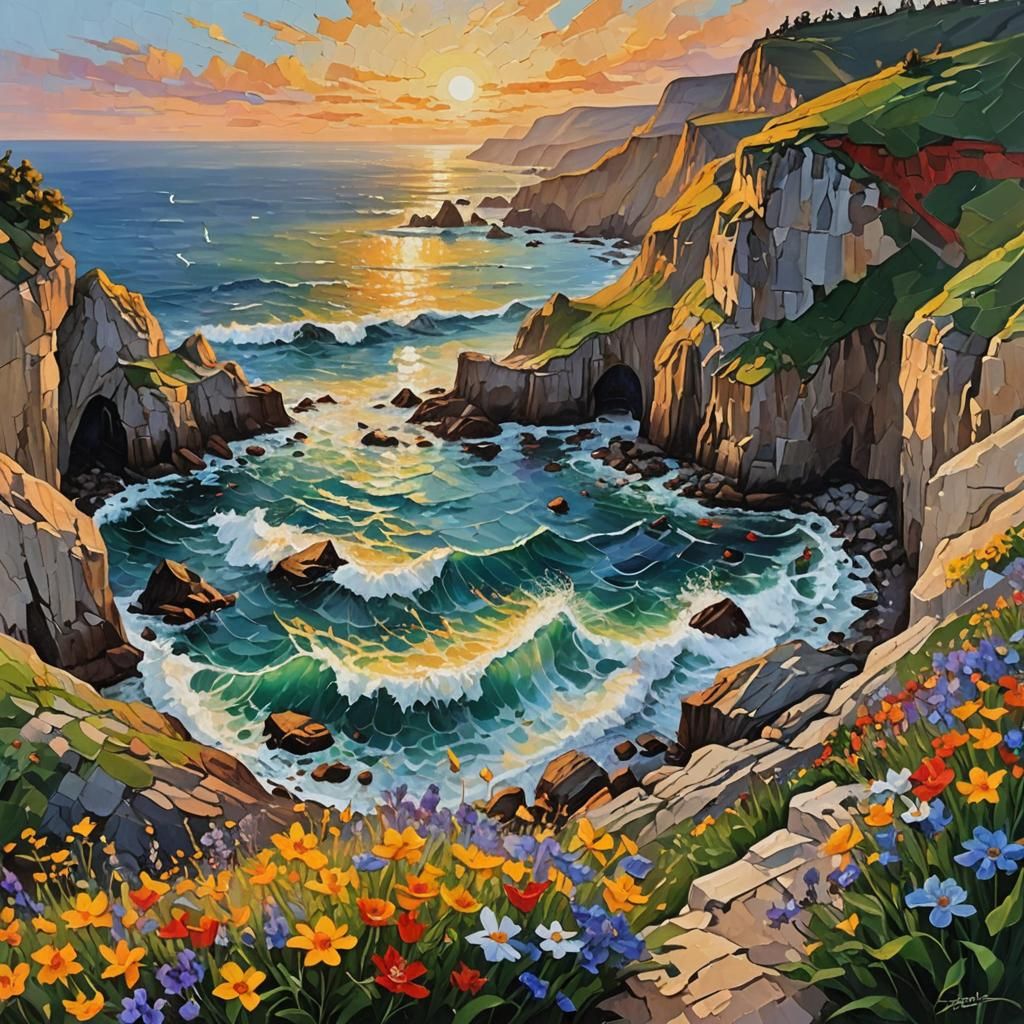 Rocky Coastline Painting in Impasto Style