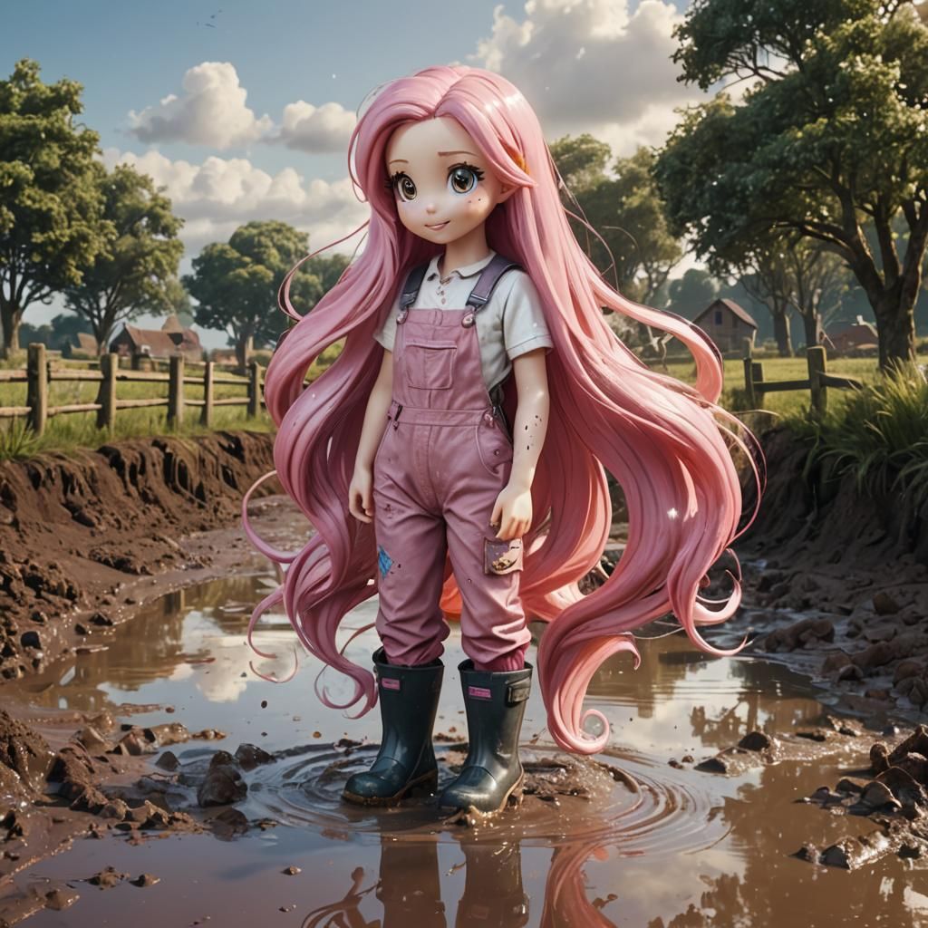 Girl with Pink Hair Splashing in Puddles