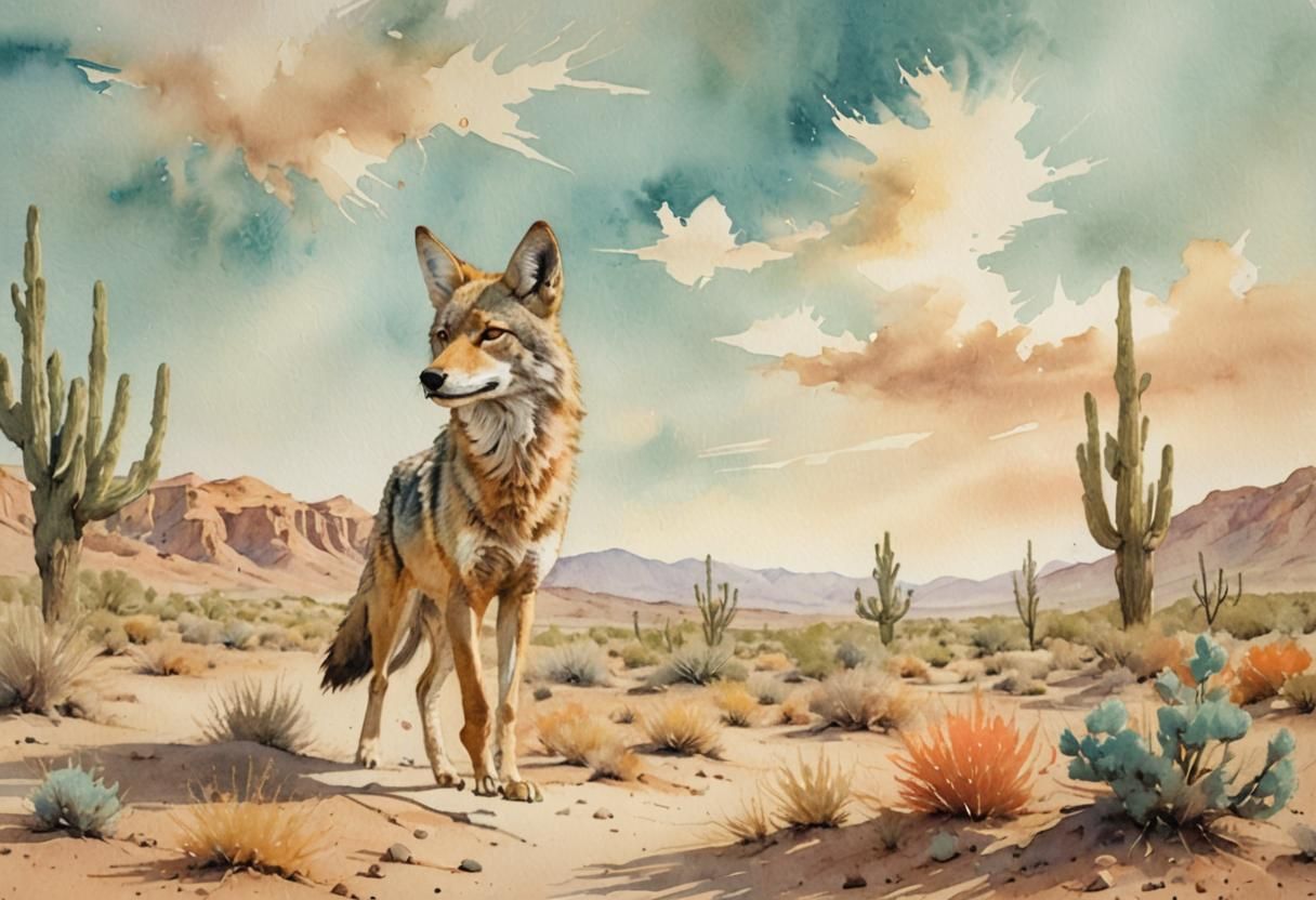 Coyote in Desert Landscape Watercolor Painting