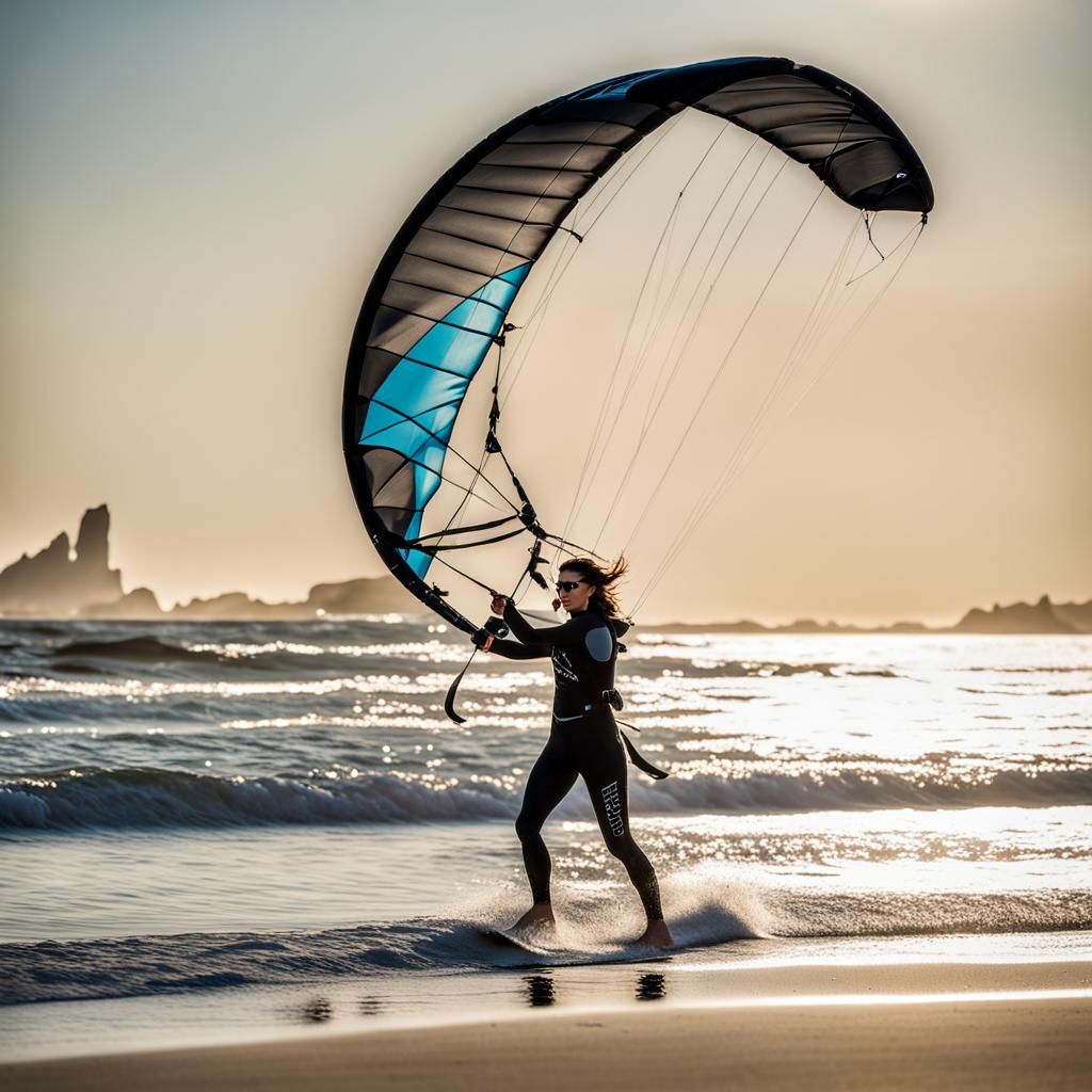 Elegant Kite Surfer Silhouette on Sunlit Shore