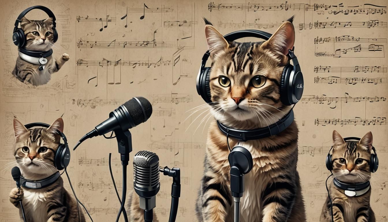 Singing Cat Collage in Recording Studio