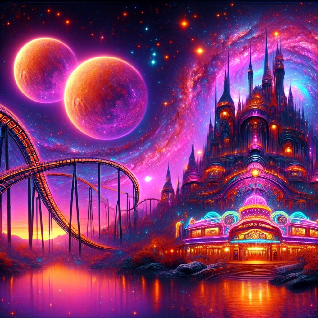 Surreal Alien Amusement Park Castle under Twin Orange Suns