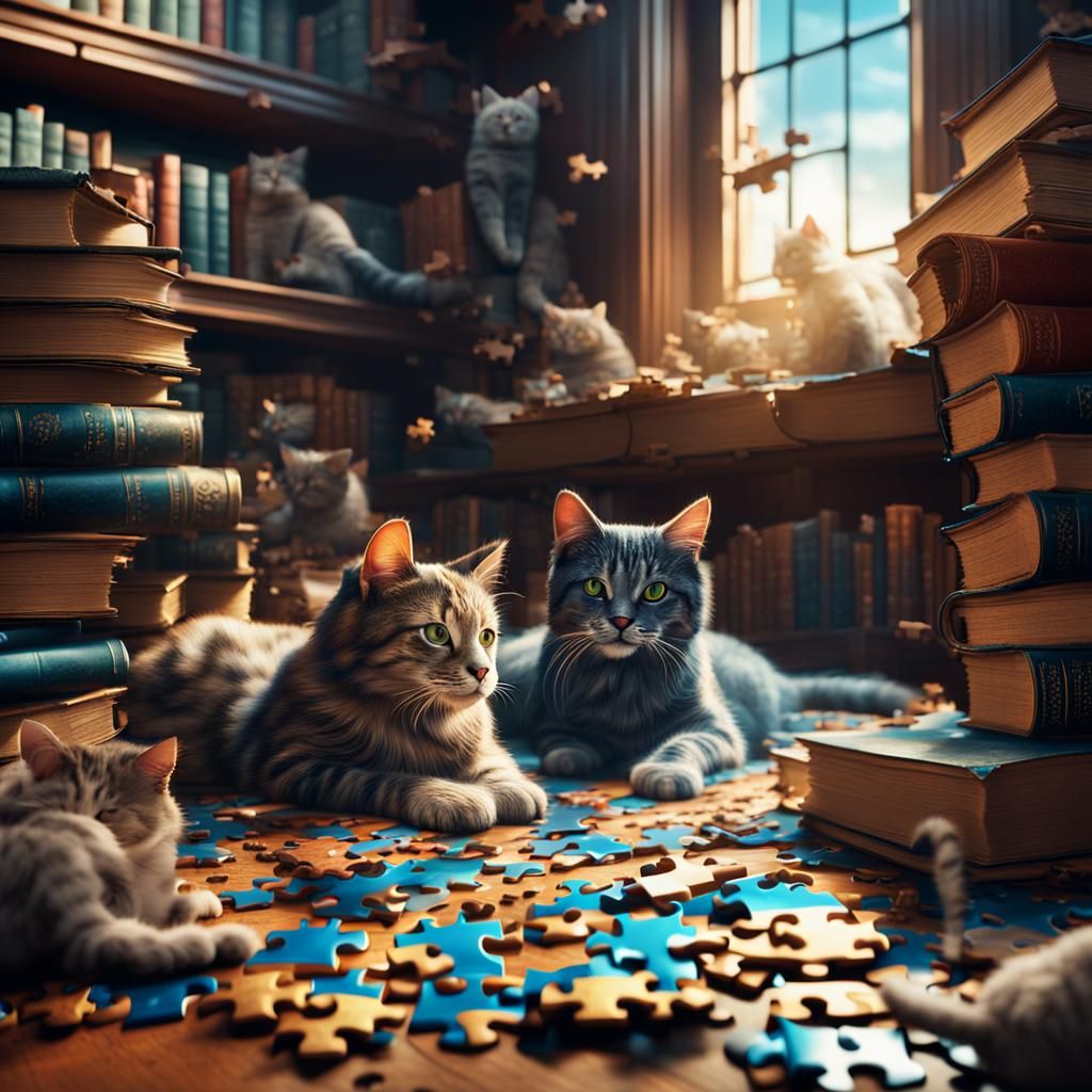 Cats Relaxing on Puzzle: Detailed Matte Painting