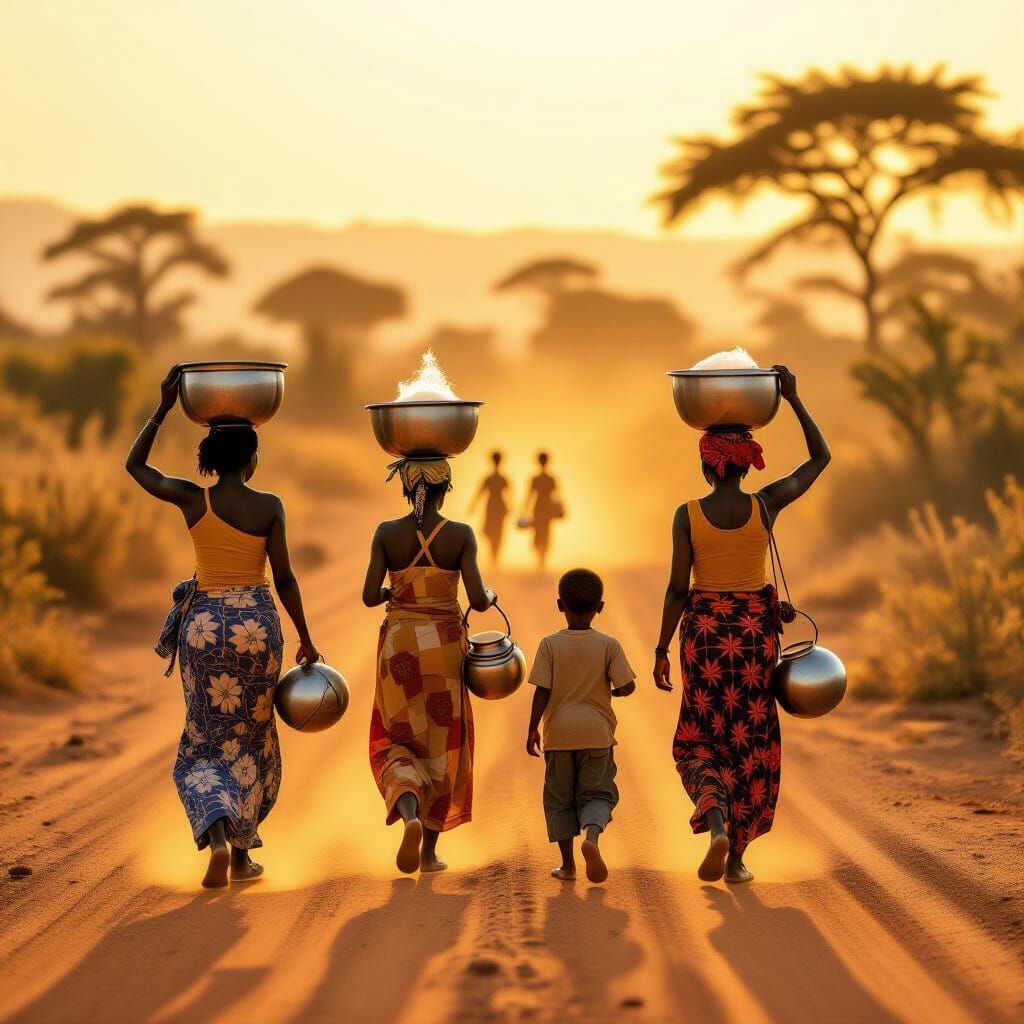 Women and Children Carry Water on Dusty African Road